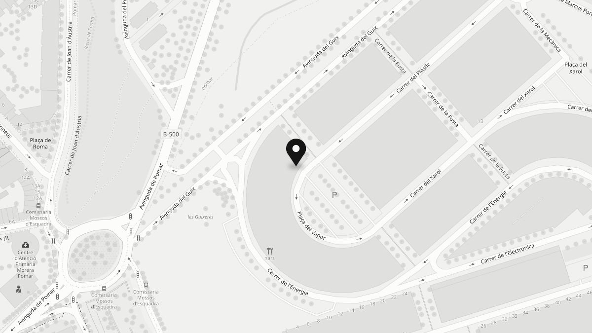 Mapa de Badalona con HiCoworking señalado en Plaça del Vapor, 19B.